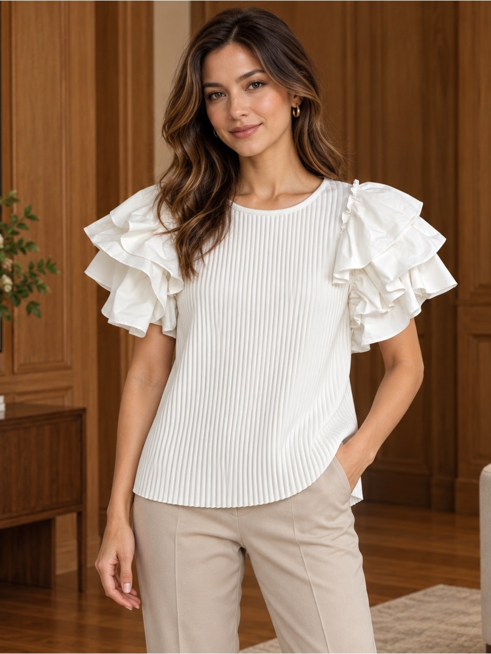 Marc New York Andrew Marc White Pleated Ruffle Sleeve Top Blouse